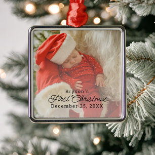 Modern Personalised Baby's First Christmas Photo Metal Ornament