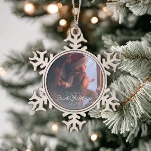 Modern Personalised Baby's First Christmas Photo Snowflake Pewter Christmas Ornament