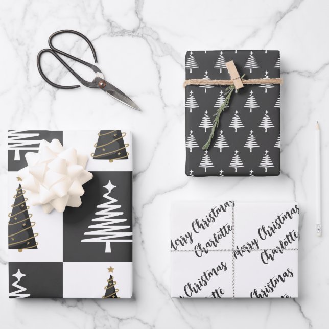 Modern Personalised Black and White Christmas Wrapping Paper Sheet (Front)