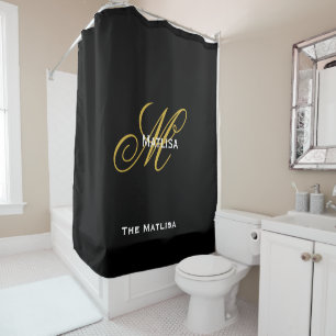 Modern Personalised Black & Gold Monogram Script  Shower Curtain