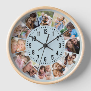 Modern Personalised Blue 12 Photo Collage Clock