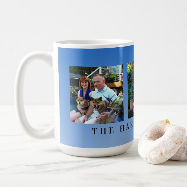 Modern Personalised Blue 3 Photo Family Collage Coffee Mug (With Donut)