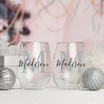 Modern Personalised Blue Monogram Stemless Wine Glass<br><div class="desc">Elevate any celebration with our Modern Personalised Black Pink Monogram Stemless Wine Glass. This chic and versatile glass is adorned with a sleek gold and black monogram, making it the perfect gift for wedding parties, bridesmaids, and birthdays . Customise with a name for an extra touch of sophistication. Durable and...</div>