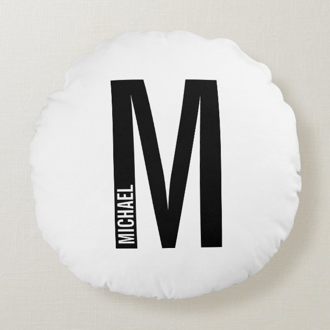 Modern Personalised Bold Monogram and Name Round Cushion (Front)