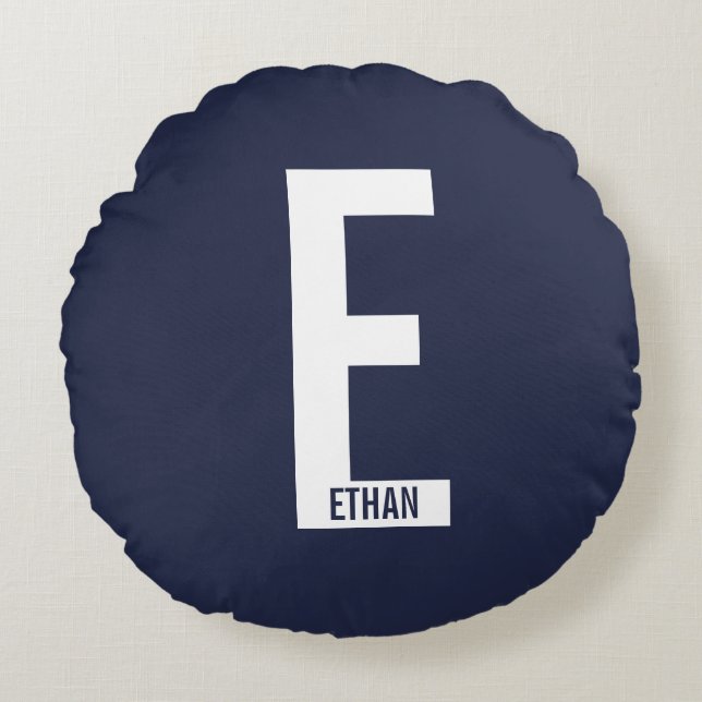 Modern Personalised Bold Monogram and Name Round Cushion (Front)