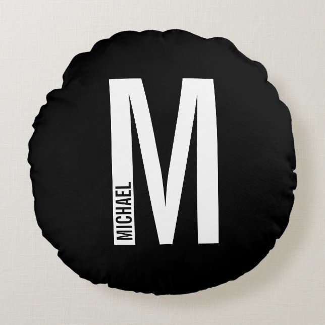 Modern Personalised Bold Monogram and Name Round Cushion (Front)