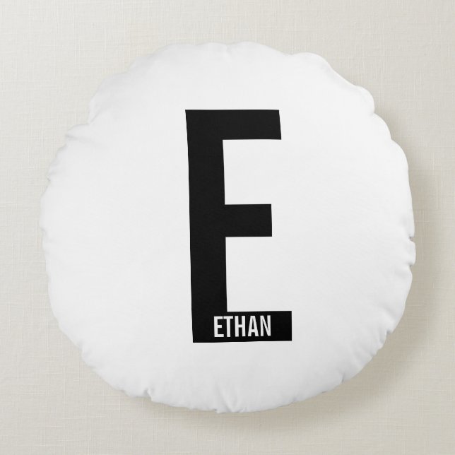 Modern Personalised Bold Monogram and Name Round Cushion (Front)