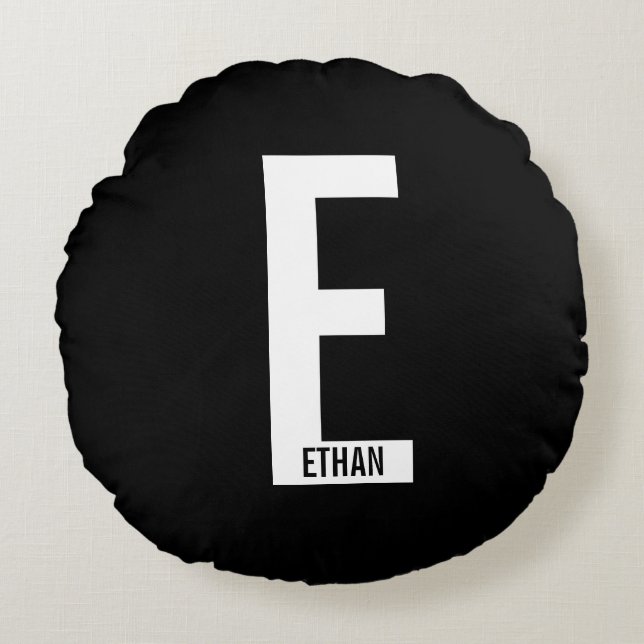 Modern Personalised Bold Monogram and Name Round Cushion (Front)
