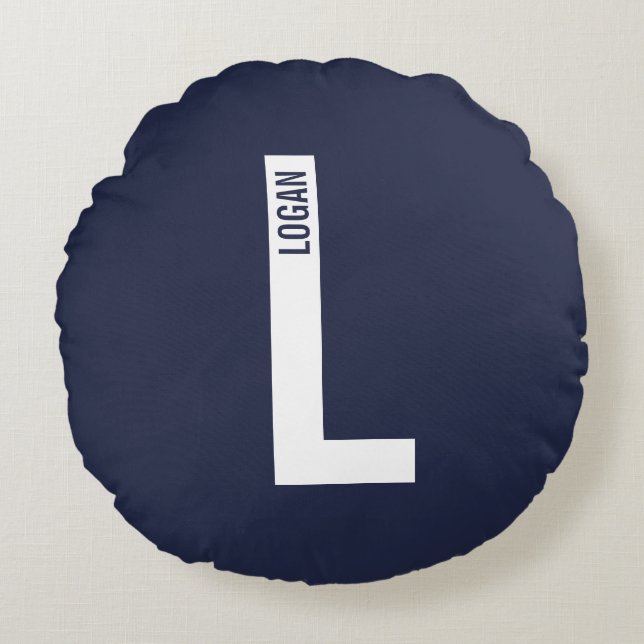 Modern Personalised Bold Monogram and Name Round Cushion (Front)
