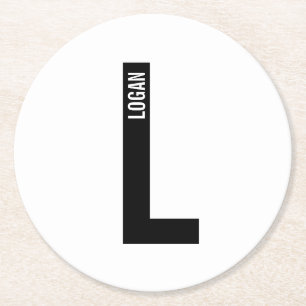 Modern Personalised Bold Monogram and Name Round Paper Coaster