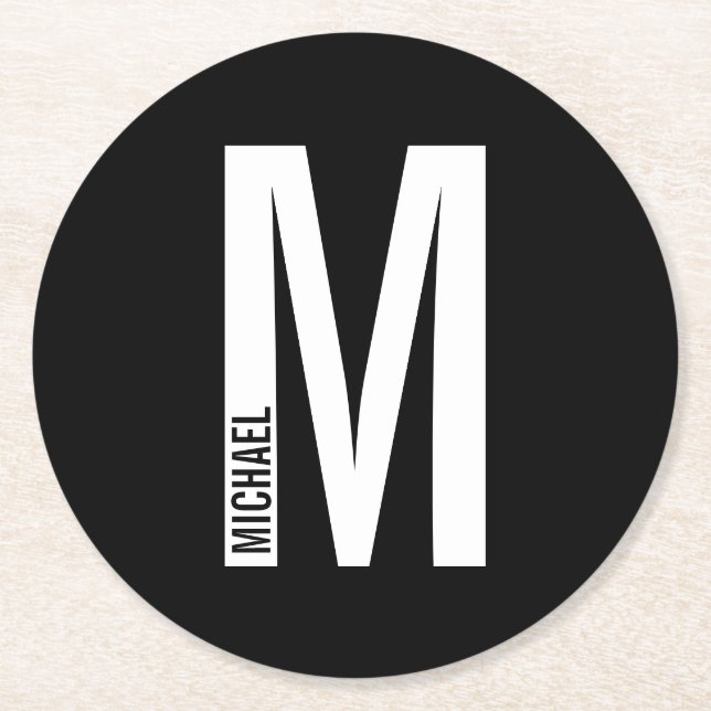 Modern Personalised Bold Monogram and Name Round Paper Coaster (Front)
