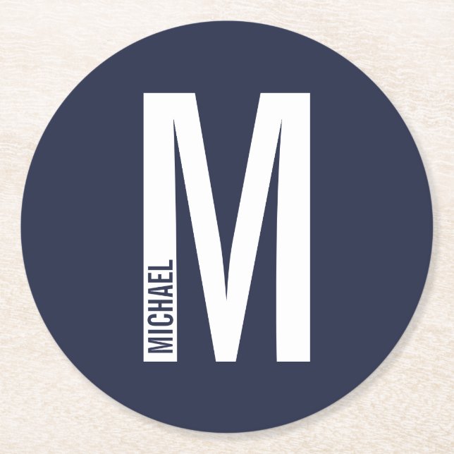 Modern Personalised Bold Monogram and Name Round Paper Coaster (Front)