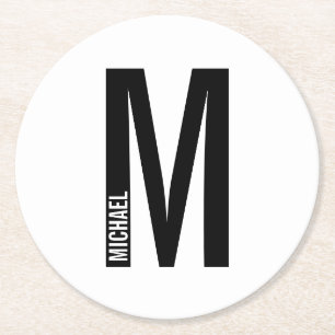 Modern Personalised Bold Monogram and Name Round Paper Coaster