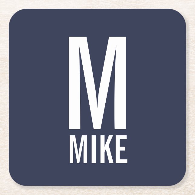 Modern Personalised Bold Monogram and Name Square Paper Coaster (Front)