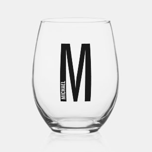 Modern Personalised Bold Monogram and Name Stemless Wine Glass