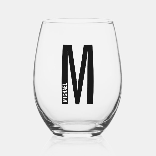Modern Personalised Bold Monogram and Name Stemless Wine Glass (Front)