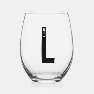 Modern Personalised Bold Monogram and Name Stemless Wine Glass
