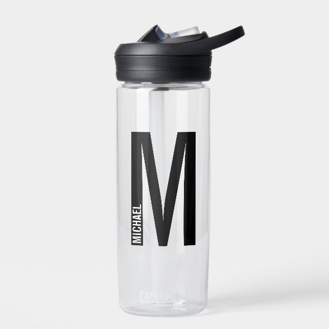 Modern Personalised Bold Monogram and Name Water Bottle (Left)