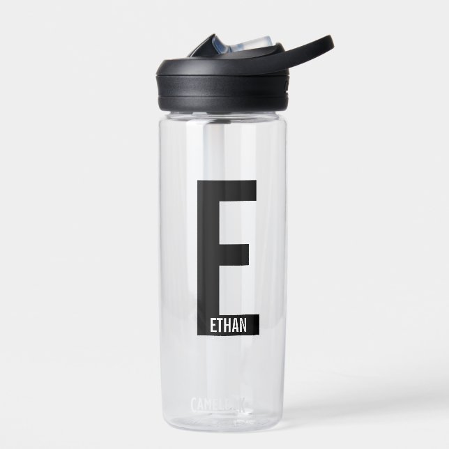 Modern Personalised Bold Monogram and Name Water Bottle (Left)