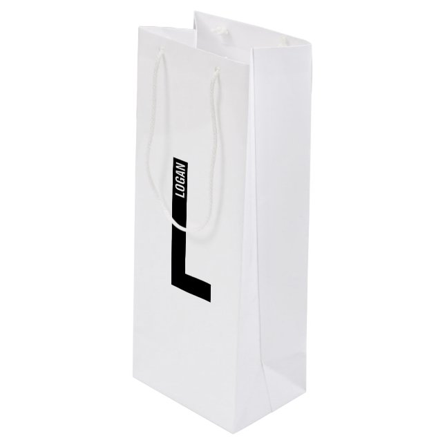 Modern Personalised Bold Monogram and Name Wine Gift Bag (Front Angled)