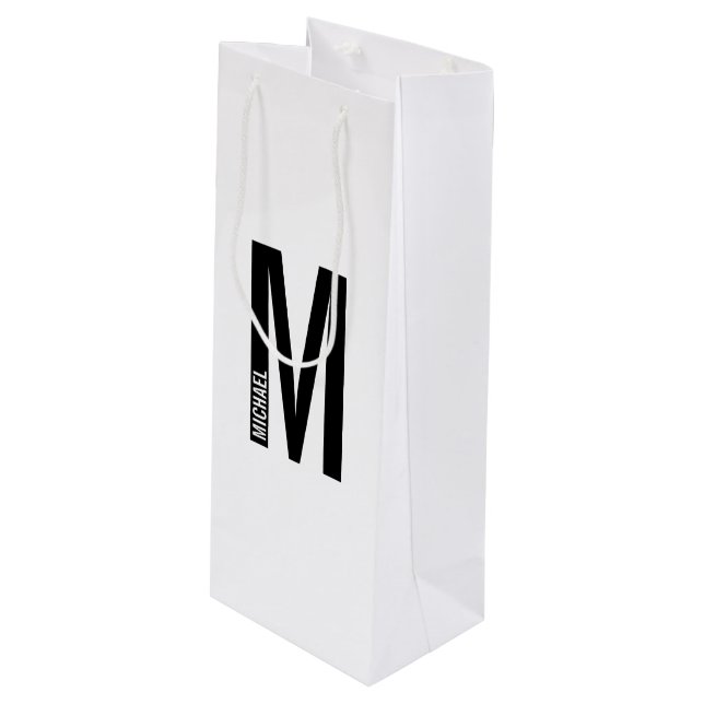 Modern Personalised Bold Monogram and Name Wine Gift Bag (Front Angled)