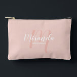 Modern Personalised Bridesmaid Monogram Name Accessory Pouch<br><div class="desc">Add a personal touch to your wedding with personalised bridesmaid gift. This design features personalised bridesmaid's name in white modern script font style and monogram in blush pink modern script font style as background with title in white modern sans serif font style on blush pink background. Also perfect for maid...</div>