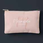 Modern Personalised Bridesmaid Monogram Name Accessory Pouch<br><div class="desc">Add a personal touch to your wedding with personalised bridesmaid gift. This design features personalised bridesmaid's name in white modern script font style and monogram in blush pink modern script font style as background with title in white modern sans serif font style on blush pink background. Also perfect for maid...</div>