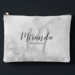 Modern Personalised Bridesmaid Monogram Name Accessory Pouch<br><div class="desc">Add a personal touch to your wedding with personalised bridesmaid gift. This design features personalised bridesmaid's name in grey modern script font style and monogram in light grey modern script font style as background with title in grey modern sans serif font style on white marble background. Also perfect for maid...</div>