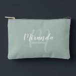 Modern Personalised Bridesmaid Monogram Name Accessory Pouch<br><div class="desc">Add a personal touch to your wedding with personalised bridesmaid gift. This design features personalised bridesmaid's name in white modern script font style and monogram in sage green modern script font style as background with title in white modern sans serif font style on sage green background. Also perfect for maid...</div>