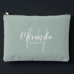Modern Personalised Bridesmaid Monogram Name Accessory Pouch<br><div class="desc">Add a personal touch to your wedding with personalised bridesmaid gift. This design features personalised bridesmaid's name in white modern script font style and monogram in sage green modern script font style as background with title in white modern sans serif font style on sage green background. Also perfect for maid...</div>