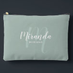 Modern Personalised Bridesmaid Monogram Name Accessory Pouch<br><div class="desc">Add a personal touch to your wedding with personalised bridesmaid gift. This design features personalised bridesmaid's name in white modern script font style and monogram in sage green modern script font style as background with title in white modern sans serif font style on sage green background. Also perfect for maid...</div>
