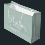 Modern Personalised Bridesmaids Large Gift Bag<br><div class="desc">Modern Personalised Bridesmaids Gifts
featuring personalised bridesmaid's name in white modern script font style with title and wedding date in modern sans serif font style on sage green background.

Also perfect for Maid of Honour,  Flower Girl,  Mother of the Bride and more.</div>