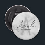 Modern Personalised Bridesmaid's Monogram and Name Bottle Opener<br><div class="desc">Modern Personalised Bridesmaid's Monogram and Name Gifts This design features personalised bridesmaid's name in grey modern handwriting script font style and monogram in light grey modern sans serif font style as background, with wedding details in grey modern sans serif font style, on white marble background. Also perfect for maid of...</div>