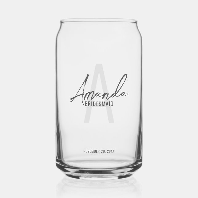 Modern Personalised Bridesmaid's Monogram and Name Can Glass (Front)