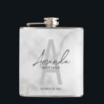 Modern Personalised Bridesmaid's Monogram and Name Hip Flask<br><div class="desc">Modern Personalised Bridesmaid's Monogram and Name Gifts This design features personalised bridesmaid's name in grey modern handwriting script font style and monogram in light grey modern sans serif font style as background, with wedding details in grey modern sans serif font style, on white marble background. Also perfect for maid of...</div>