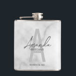 Modern Personalised Bridesmaid's Monogram and Name Hip Flask<br><div class="desc">Modern Personalised Bridesmaid's Monogram and Name Gifts This design features personalised bridesmaid's name in grey modern handwriting script font style and monogram in light grey modern sans serif font style as background, with wedding details in grey modern sans serif font style, on white marble background. Also perfect for maid of...</div>