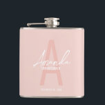 Modern Personalised Bridesmaid's Monogram and Name Hip Flask<br><div class="desc">Modern Personalised Bridesmaid's Monogram and Name Gifts This design features personalised bridesmaid's name in white modern handwriting script font style and monogram in blush pink modern sans serif font style as background, with wedding details in white modern sans serif font style, on blush pink background. Also perfect for maid of...</div>