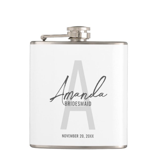 Modern Personalised Bridesmaid's Monogram and Name Hip Flask (Front)