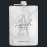 Modern Personalised Bridesmaid's Monogram and Name Hip Flask<br><div class="desc">Modern Personalised Bridesmaid's Monogram and Name Gifts This design features personalised bridesmaid's name in grey modern handwriting script font style and monogram in light grey modern sans serif font style as background, with wedding details in grey modern sans serif font style, on white marble background. Also perfect for maid of...</div>