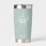 Modern Personalised Bridesmaid's Monogram and Name Insulated Tumbler<br><div class="desc">Modern Personalised Bridesmaid's Monogram and Name Gifts This design features personalised bridesmaid's name in white modern handwriting script font style and monogram in sage green modern sans serif font style as background, with wedding details in white modern sans serif font style on sage green background. Also perfect for maid of...</div>