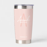 Modern Personalised Bridesmaid's Monogram and Name Insulated Tumbler<br><div class="desc">Modern Personalised Bridesmaid's Monogram and Name Gifts This design features personalised bridesmaid's name in white modern handwriting script font style and monogram in blush pink modern sans serif font style as background, with wedding details in white modern sans serif font style on blush pink background. Also perfect for maid of...</div>