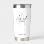 Modern Personalised Bridesmaid's Monogram and Name Insulated Tumbler<br><div class="desc">Modern Personalised Bridesmaid's Monogram and Name Gifts This design features personalised bridesmaid's name in grey modern handwriting script font style and monogram in light grey modern sans serif font style as background, with wedding details in grey modern sans serif font style on white background. Also perfect for maid of honour,...</div>
