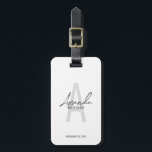 Modern Personalised Bridesmaid's Monogram and Name Luggage Tag<br><div class="desc">Modern Personalised Bridesmaid's Monogram and Name Gifts This design features personalised bridesmaid's name in grey modern handwriting script font style and monogram in light grey modern sans serif font style as background, with wedding details in grey modern sans serif font style, on white background. Also perfect for maid of honour,...</div>