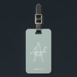 Modern Personalised Bridesmaid's Monogram and Name Luggage Tag<br><div class="desc">Modern Personalised Bridesmaid's Monogram and Name Gifts This design features personalised bridesmaid's name in white modern handwriting script font style and monogram in sage green modern sans serif font style as background, with wedding details in white modern sans serif font style, on sage green background. Also perfect for maid of...</div>