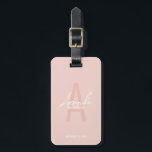 Modern Personalised Bridesmaid's Monogram and Name Luggage Tag<br><div class="desc">Modern Personalised Bridesmaid's Monogram and Name Gifts This design features personalised bridesmaid's name in white modern handwriting script font style and monogram in blush pink modern sans serif font style as background, with wedding details in white modern sans serif font style, on blush pink background. Also perfect for maid of...</div>