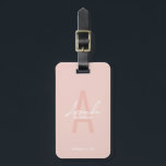 Modern Personalised Bridesmaid's Monogram and Name Luggage Tag<br><div class="desc">Modern Personalised Bridesmaid's Monogram and Name Gifts This design features personalised bridesmaid's name in white modern handwriting script font style and monogram in blush pink modern sans serif font style as background, with wedding details in white modern sans serif font style, on blush pink background. Also perfect for maid of...</div>