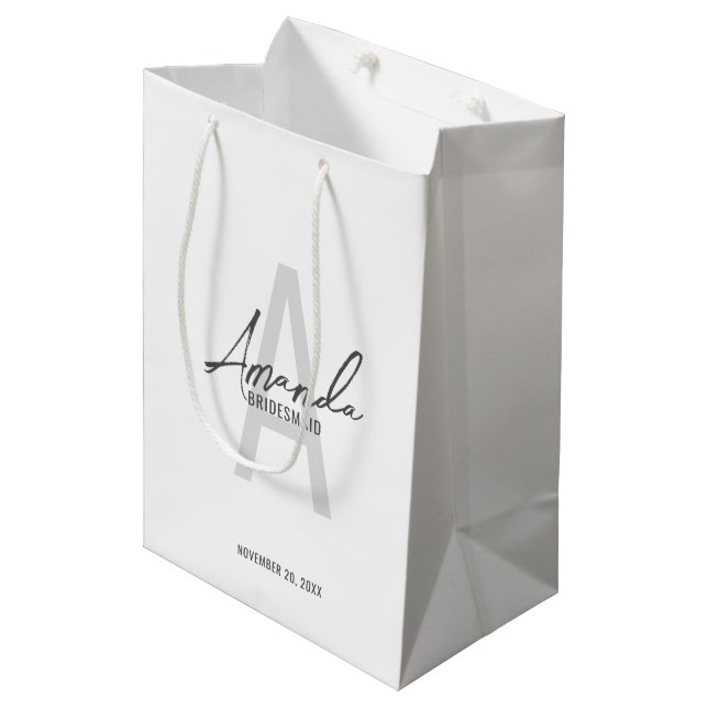 Modern Personalised Bridesmaid's Monogram and Name Medium Gift Bag (Front Angled)