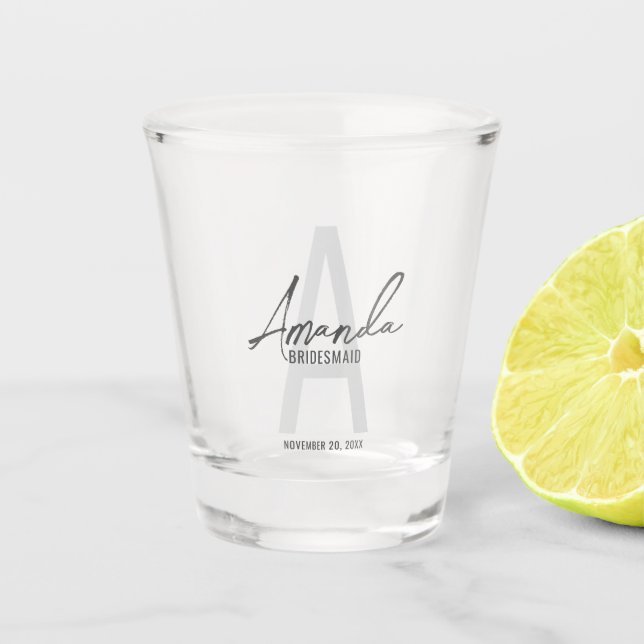 Modern Personalised Bridesmaid's Monogram and Name Shot Glass (Front)