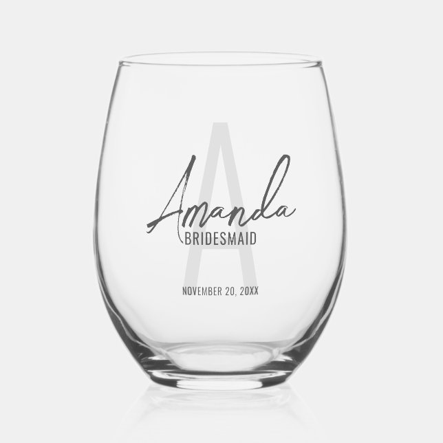 Modern Personalised Bridesmaid's Monogram and Name Stemless Wine Glass (Front)