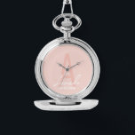 Modern Personalised Bridesmaid's Monogram and Name Watch<br><div class="desc">Modern Personalised Bridesmaid's Monogram and Name Gifts This design features personalised bridesmaid's name in white modern handwriting script font style and monogram in blush pink modern sans serif font style as background, with wedding details in white modern sans serif font style, on blush pink background. Also perfect for maid of...</div>